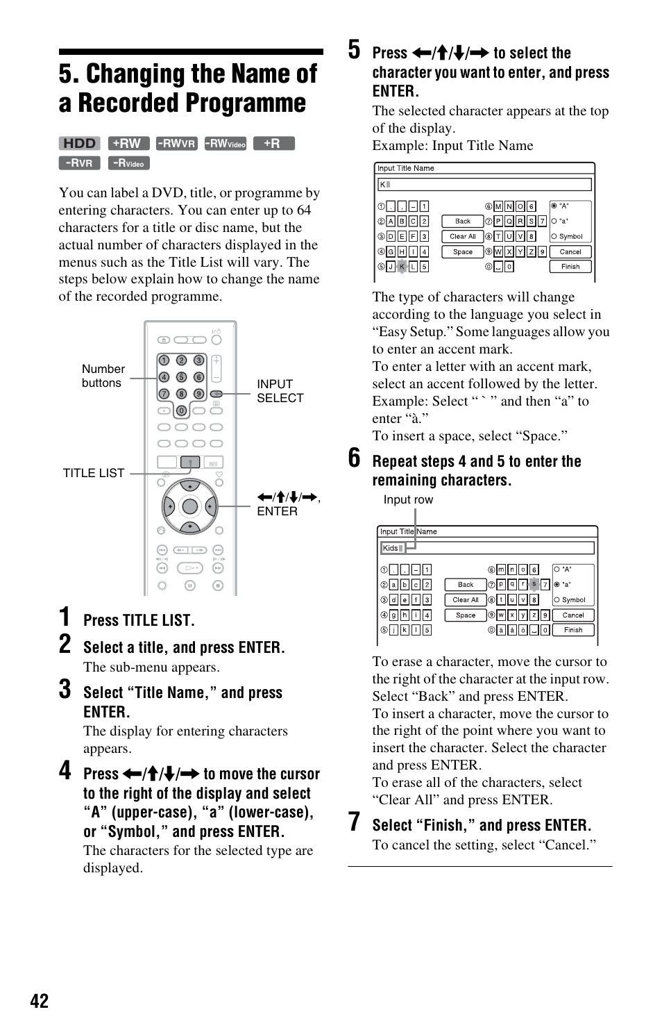 Changing the name of a recorded programme | Sony RDR-HXD1065 User Manual | Page 42 / 172