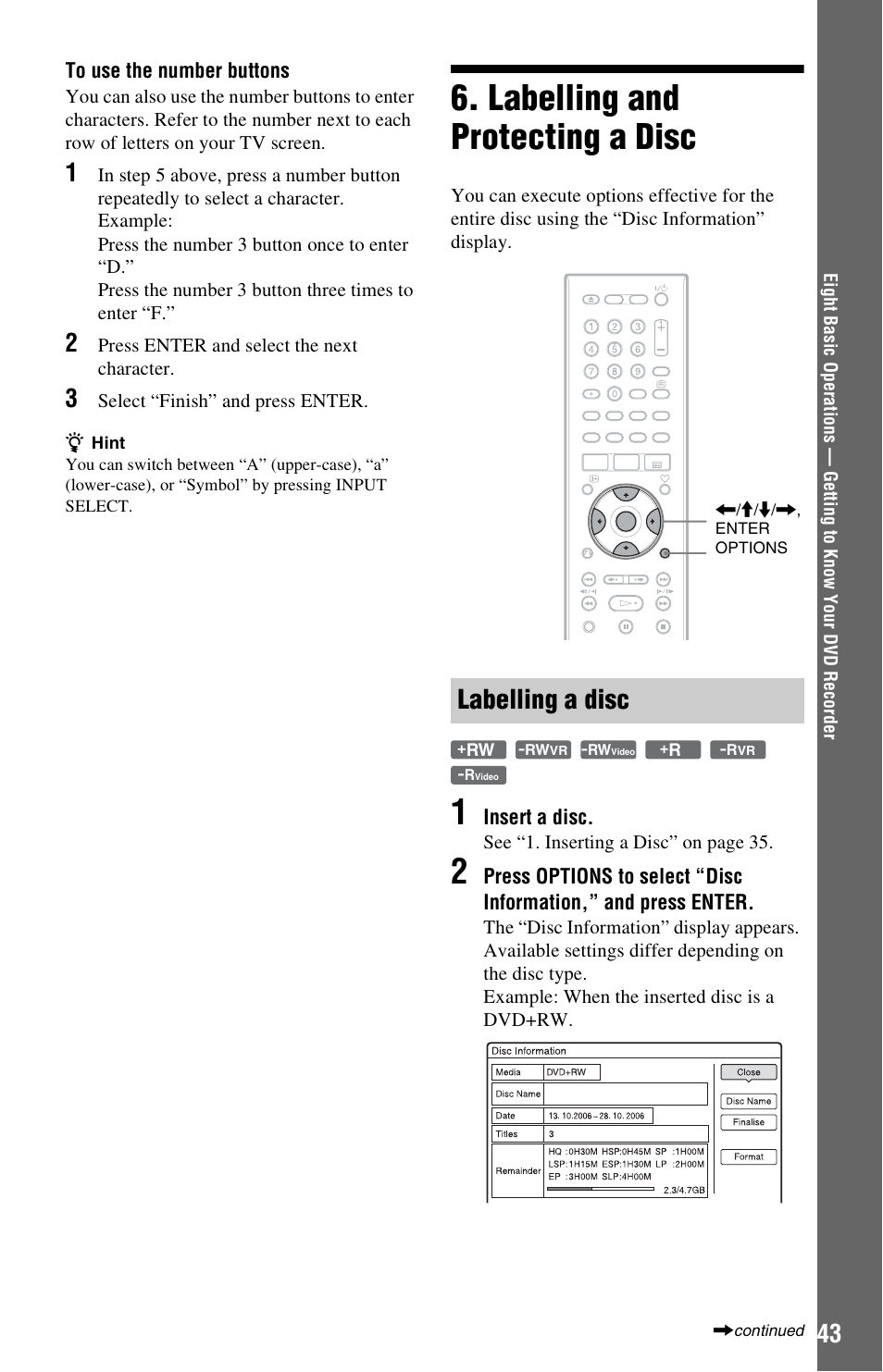 Labelling and protecting a disc, Labelling a disc | Sony RDR-HXD1065 User Manual | Page 43 / 172