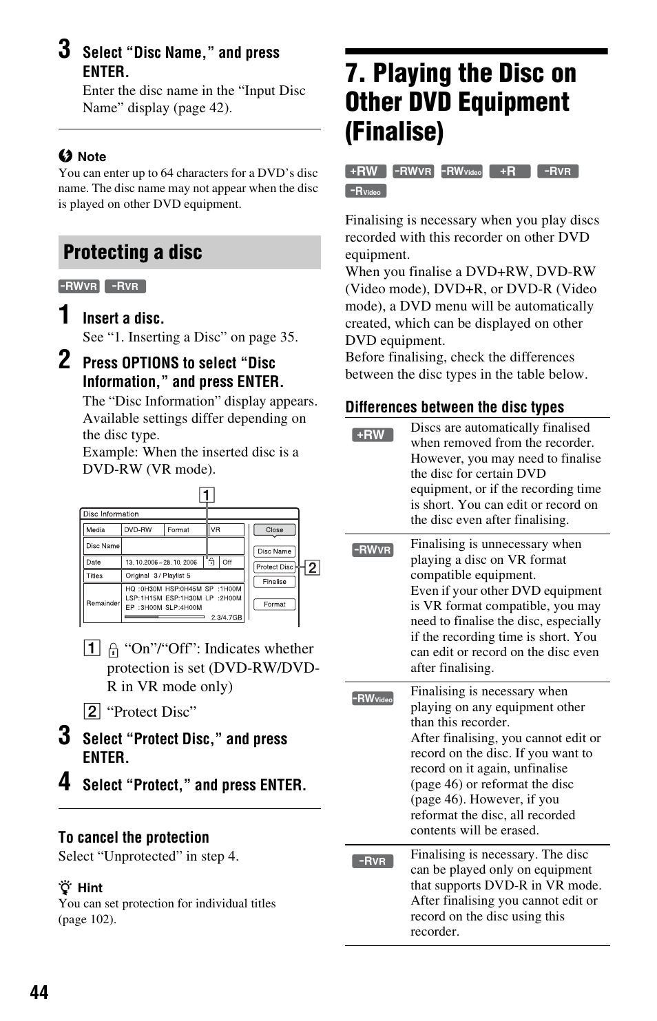 Protecting a disc, Playing the disc on other dvd equipment (finalise) | Sony RDR-HXD1065 User Manual | Page 44 / 172