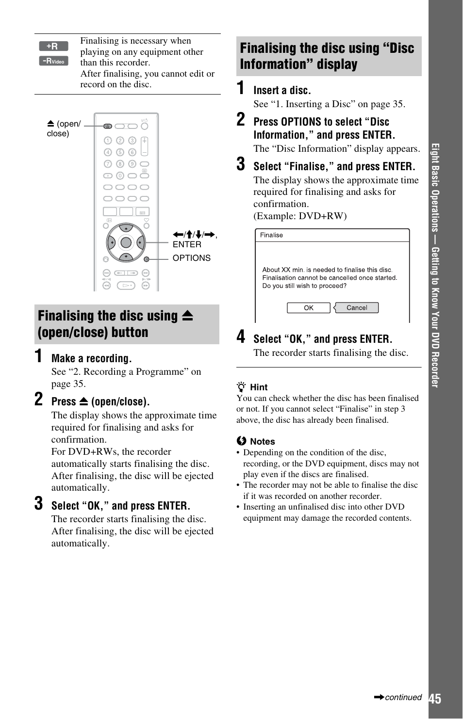 Finalising the disc using z (open/close) button, Finalising the disc using | Sony RDR-HXD1065 User Manual | Page 45 / 172