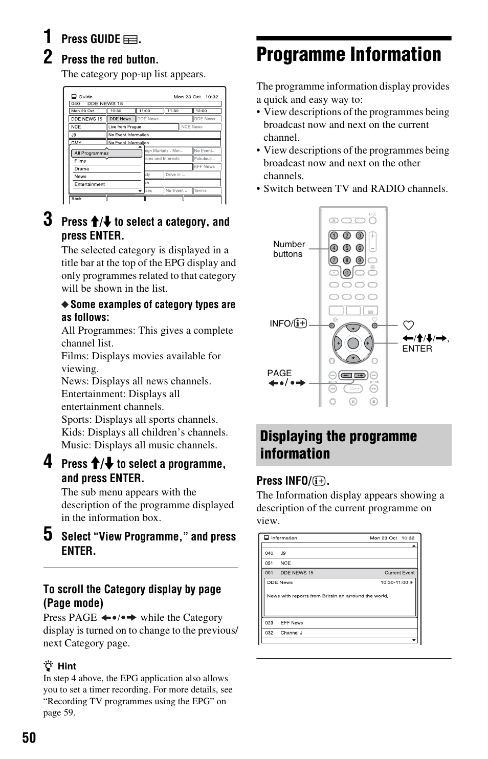Programme information, Displaying the programme information | Sony RDR-HXD1065 User Manual | Page 50 / 172