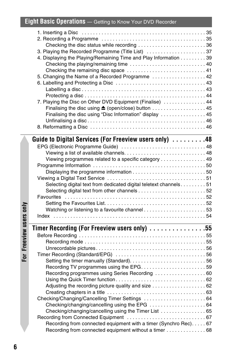 Timer recording (for freeview users only), Eight basic operations | Sony RDR-HXD1065 User Manual | Page 6 / 172