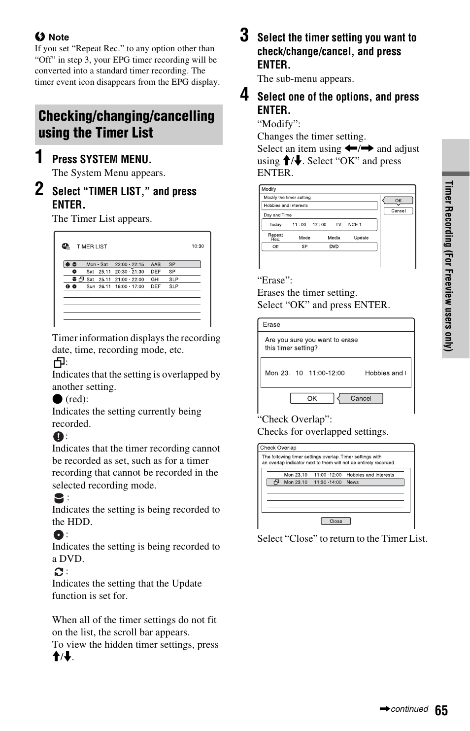 Checking/changing/cancelling using the timer list | Sony RDR-HXD1065 User Manual | Page 65 / 172