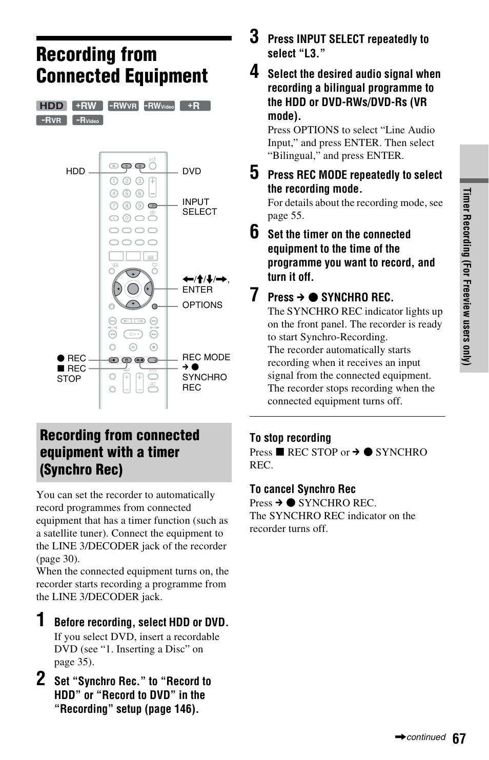 Recording from connected equipment | Sony RDR-HXD1065 User Manual | Page 67 / 172