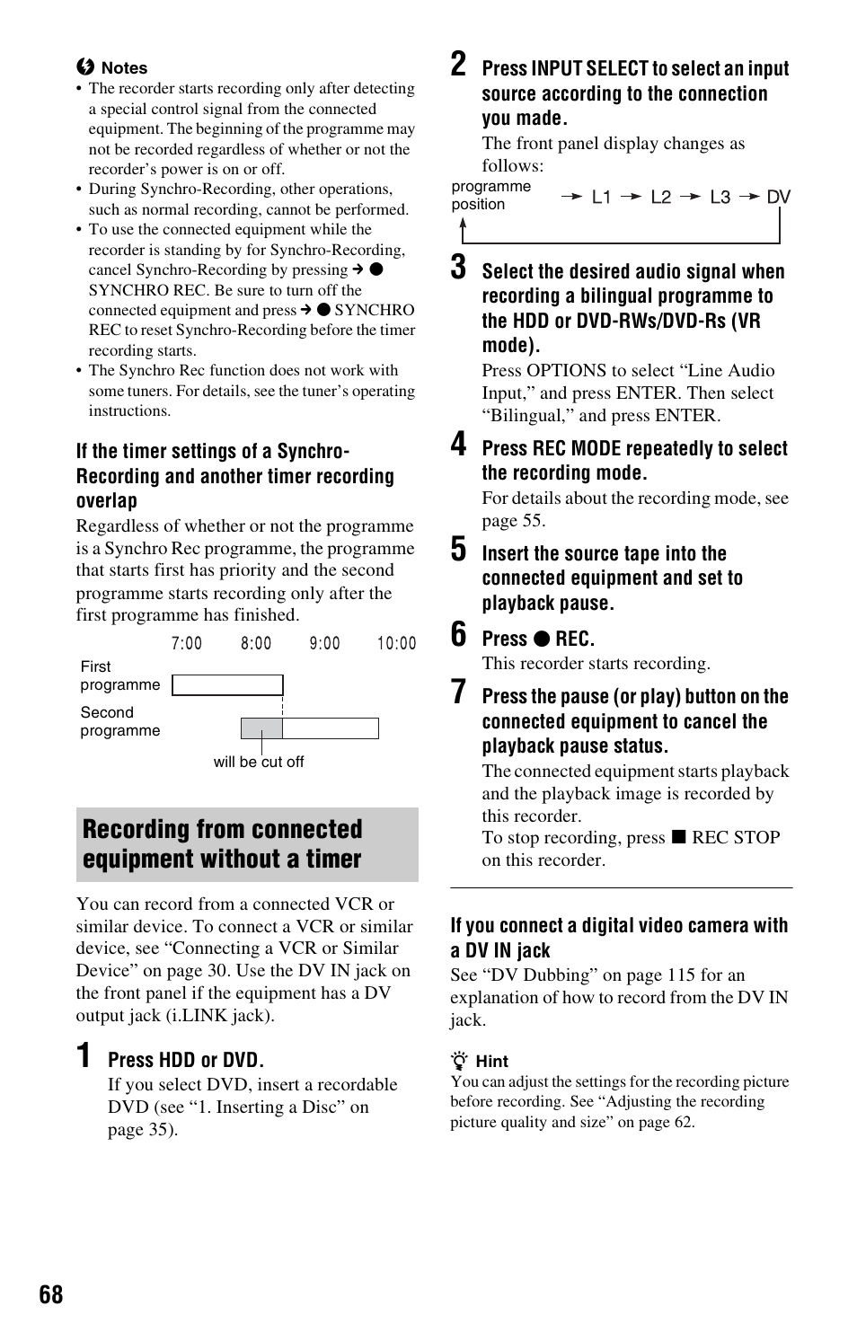 Recording from connected equipment without a timer | Sony RDR-HXD1065 User Manual | Page 68 / 172