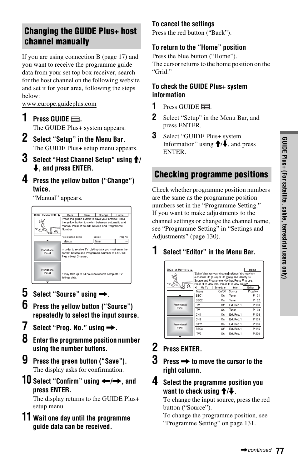 Changing the guide plus+ host channel manually, Checking programme positions | Sony RDR-HXD1065 User Manual | Page 77 / 172