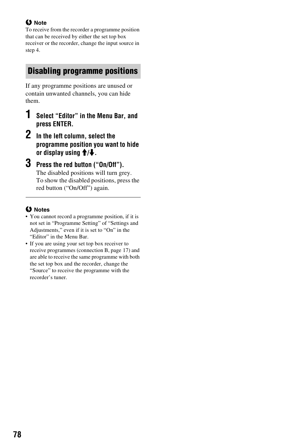 Disabling programme positions | Sony RDR-HXD1065 User Manual | Page 78 / 172