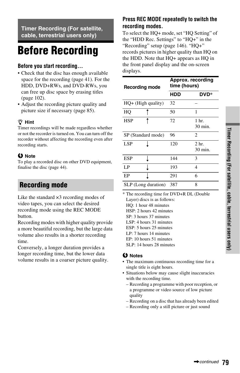 Before recording, Recording mode | Sony RDR-HXD1065 User Manual | Page 79 / 172