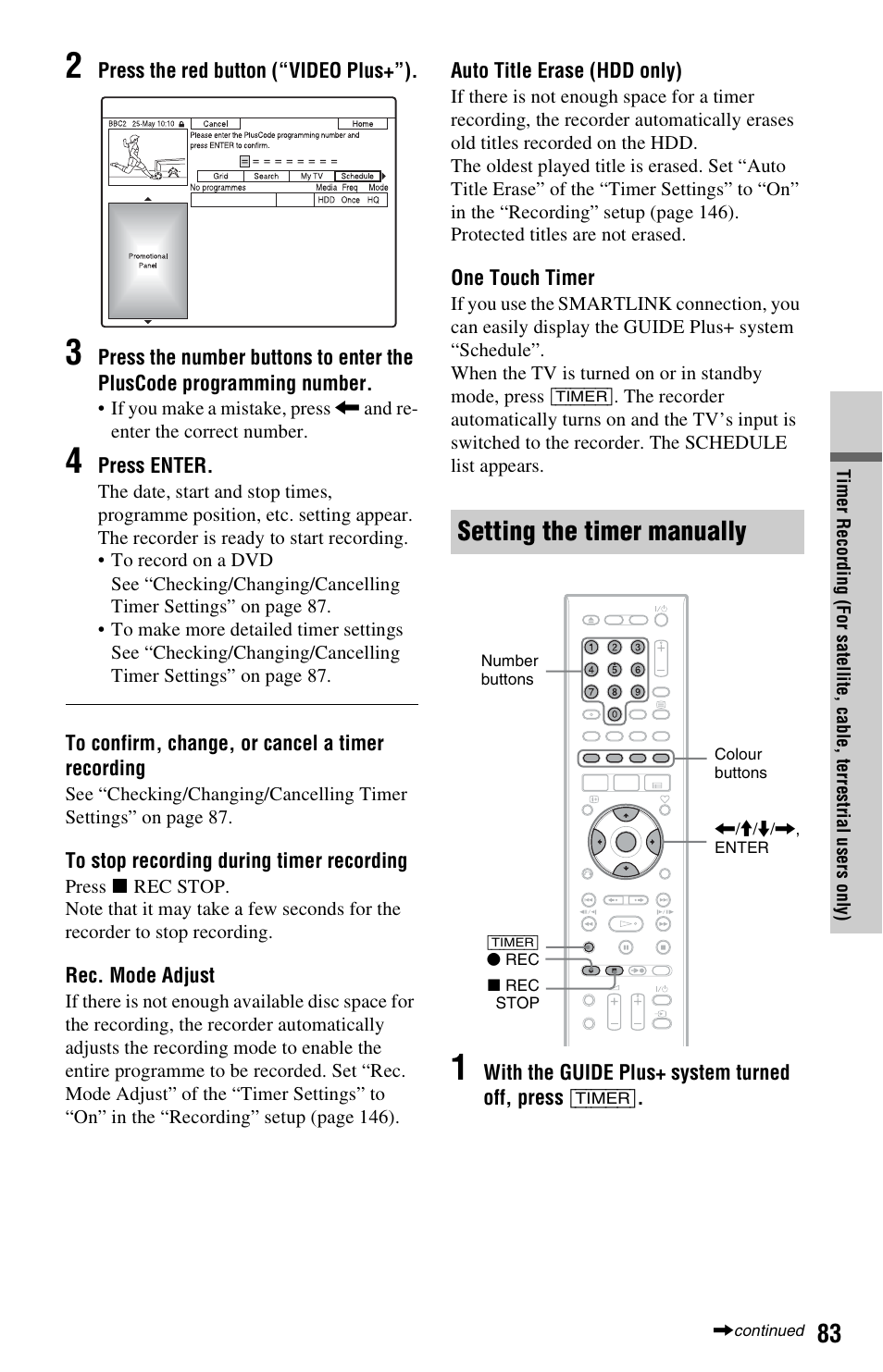 Setting the timer manually | Sony RDR-HXD1065 User Manual | Page 83 / 172