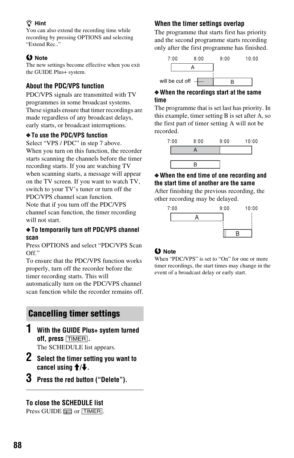 Cancelling timer settings | Sony RDR-HXD1065 User Manual | Page 88 / 172