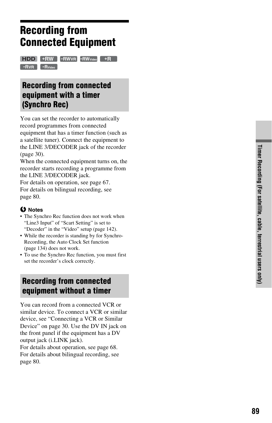 Recording from connected equipment, Recording from connected equipment without a timer | Sony RDR-HXD1065 User Manual | Page 89 / 172