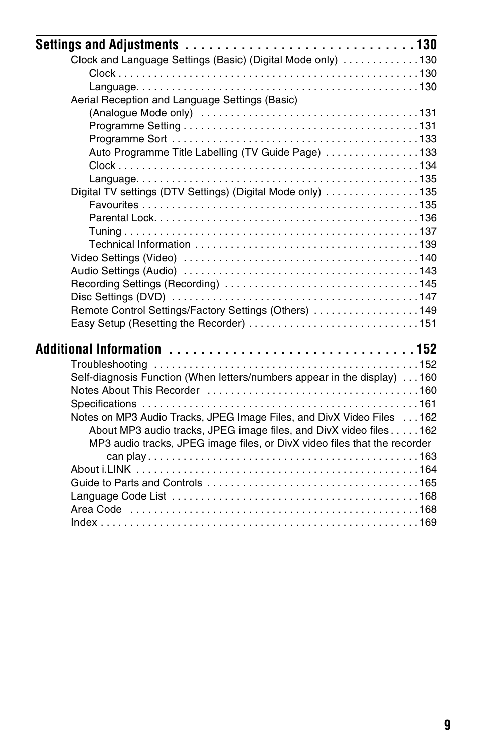 9settings and adjustments, Additional information | Sony RDR-HXD1065 User Manual | Page 9 / 172