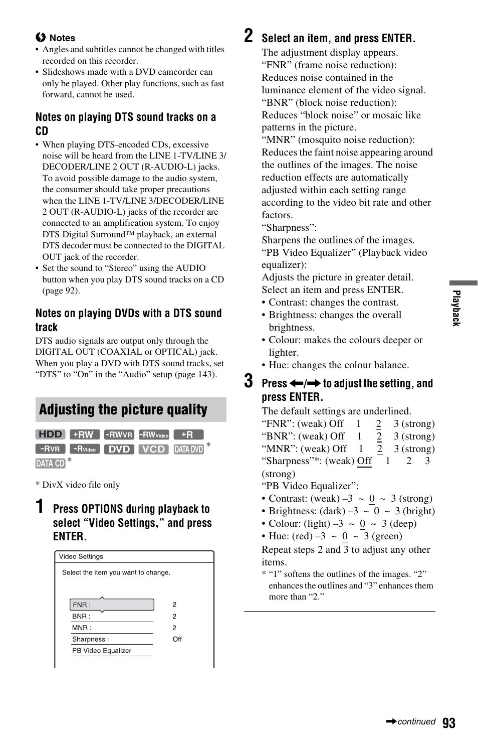 Adjusting the picture quality | Sony RDR-HXD1065 User Manual | Page 93 / 172