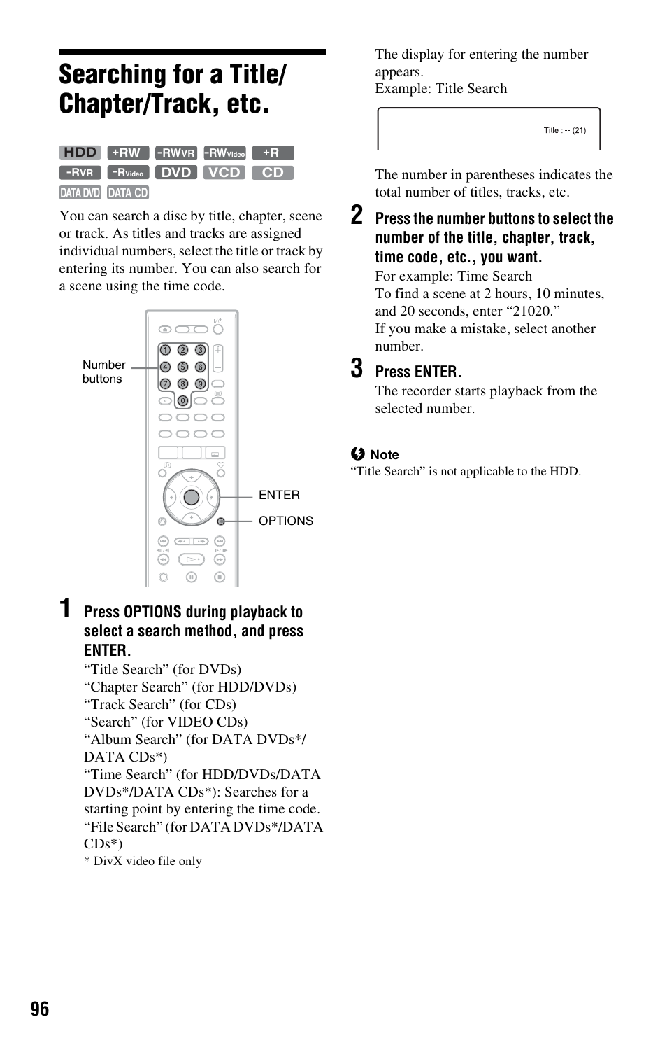 Searching for a title/ chapter/track, etc, Searching for a title/chapter/track, etc | Sony RDR-HXD1065 User Manual | Page 96 / 172