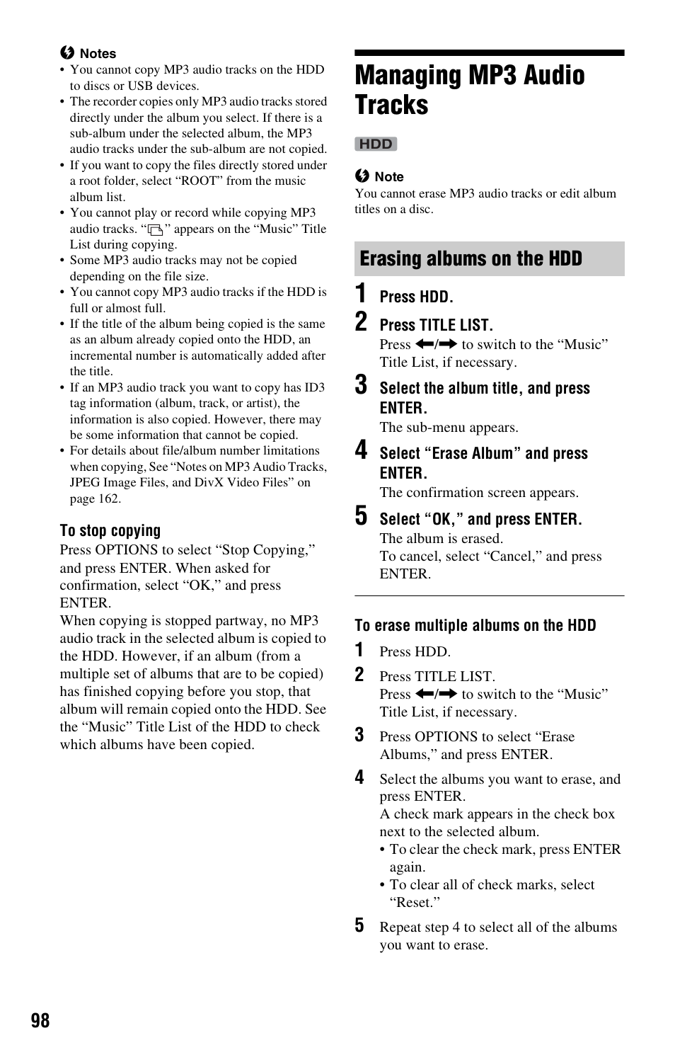 Managing mp3 audio tracks, Erasing albums on the hdd | Sony RDR-HXD1065 User Manual | Page 98 / 172