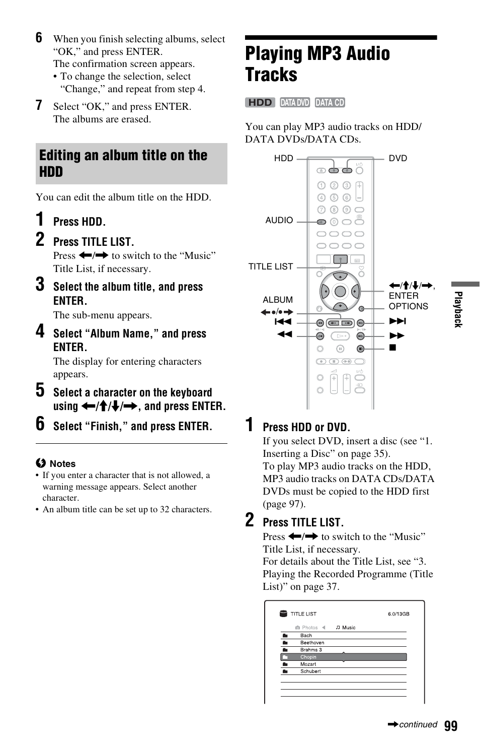 Editing an album title on the hdd, Playing mp3 audio tracks | Sony RDR-HXD1065 User Manual | Page 99 / 172