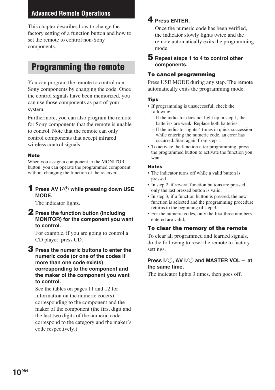 Advanced remote operations, Programming the remote | Sony RM-PP506L User Manual | Page 10 / 16