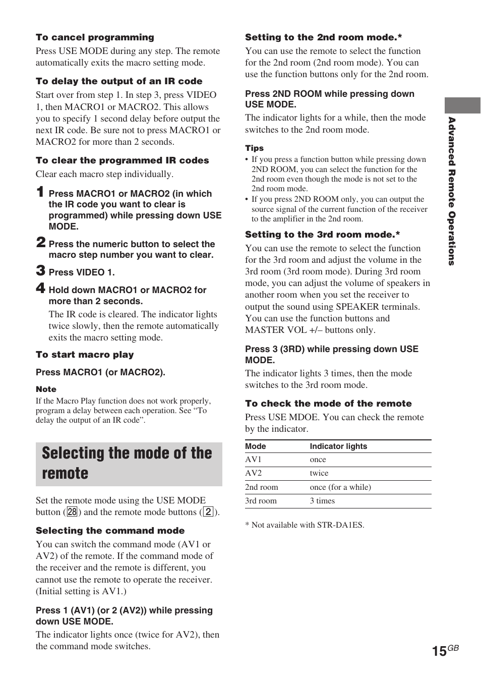 Selecting the mode of the remote | Sony RM-PP506L User Manual | Page 15 / 16