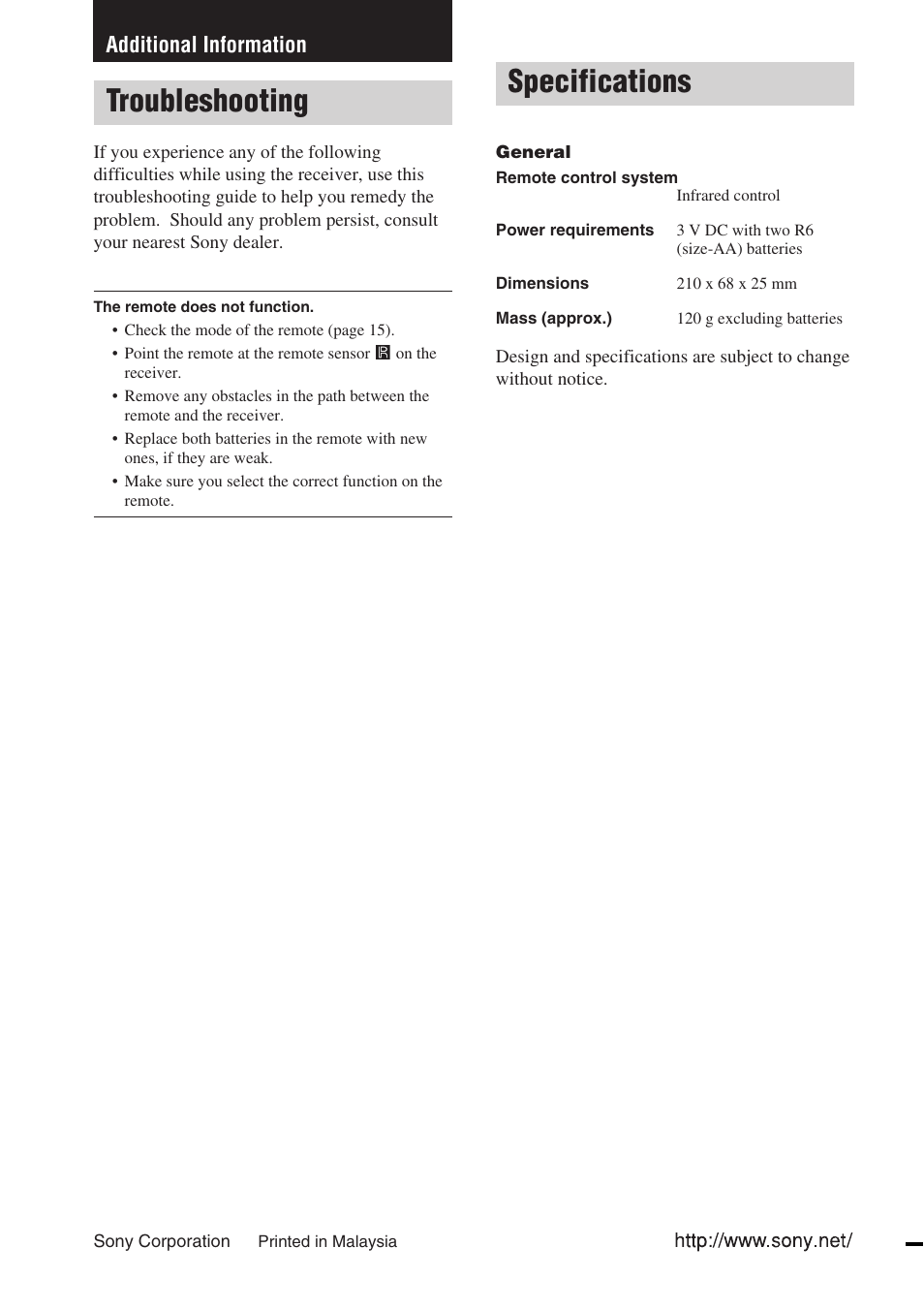 Additional information, Troubleshooting, Specifications | Sony RM-PP506L User Manual | Page 16 / 16