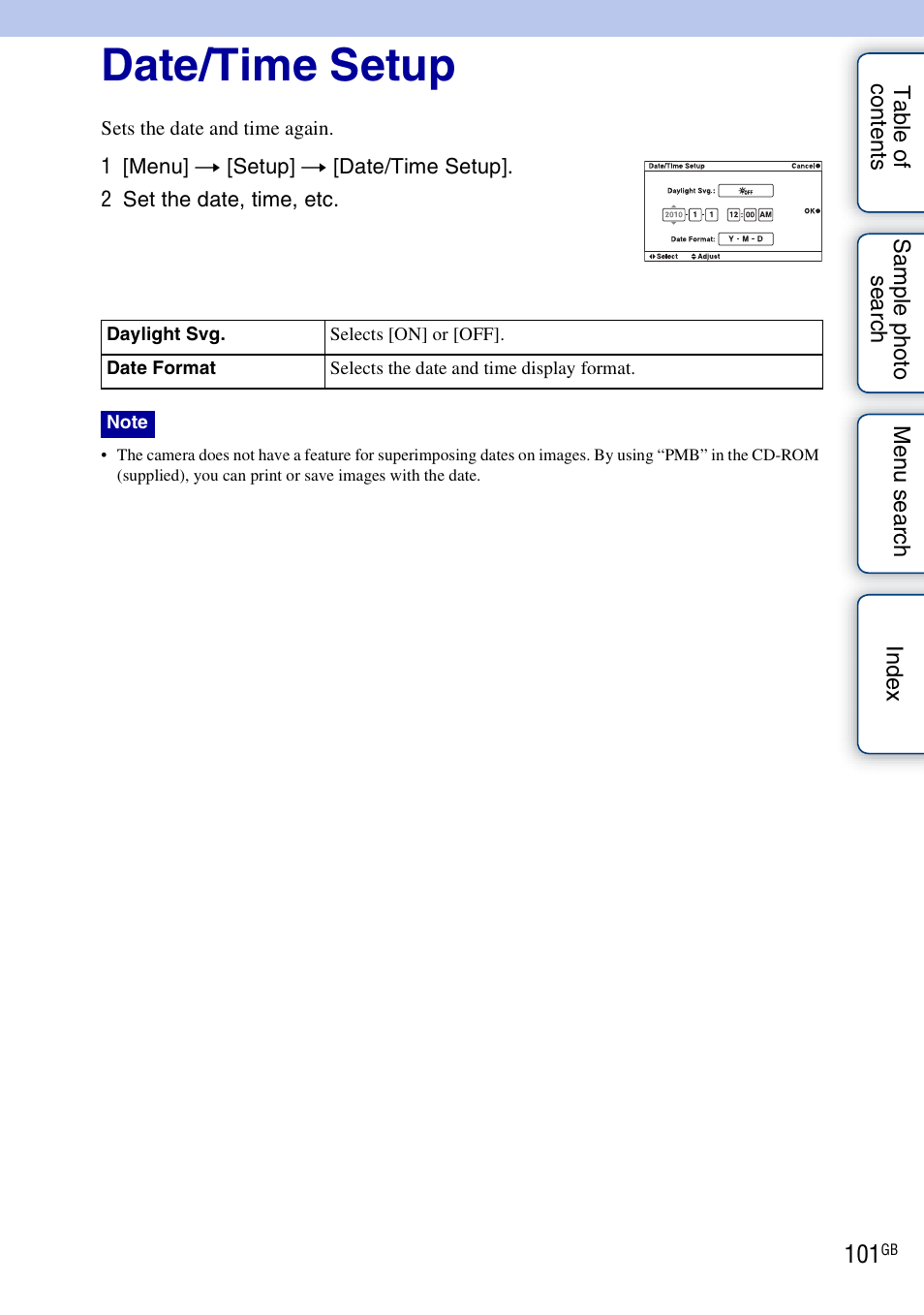 Date/time setup | Sony NEX-3 User Manual | Page 101 / 159