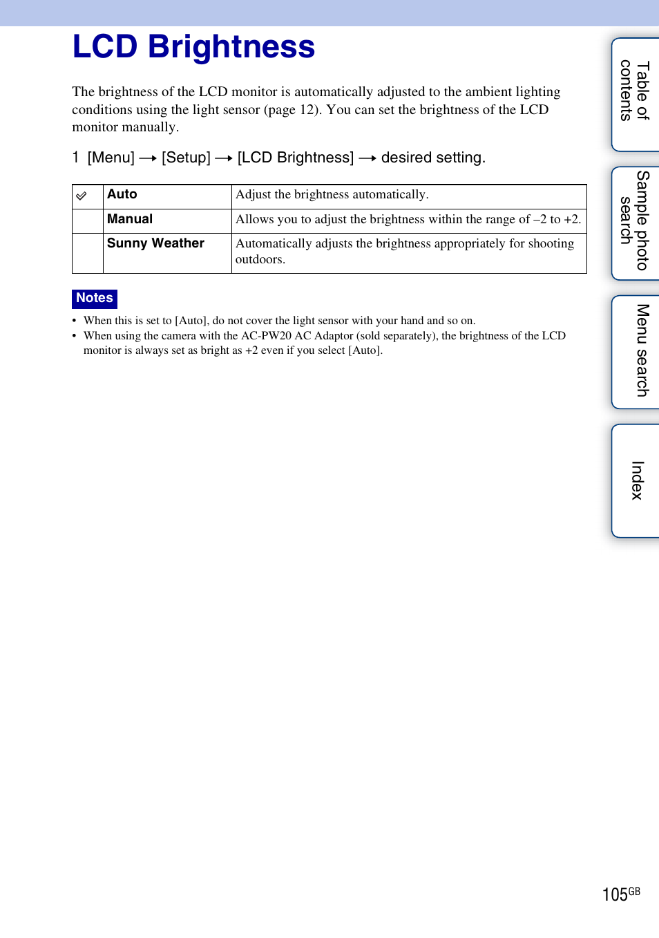 Lcd brightness | Sony NEX-3 User Manual | Page 105 / 159