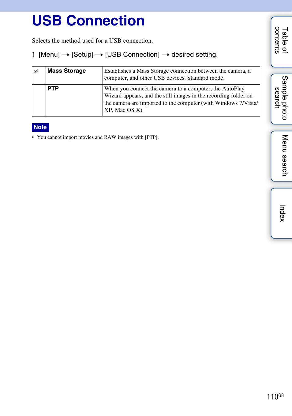 Usb connection | Sony NEX-3 User Manual | Page 110 / 159