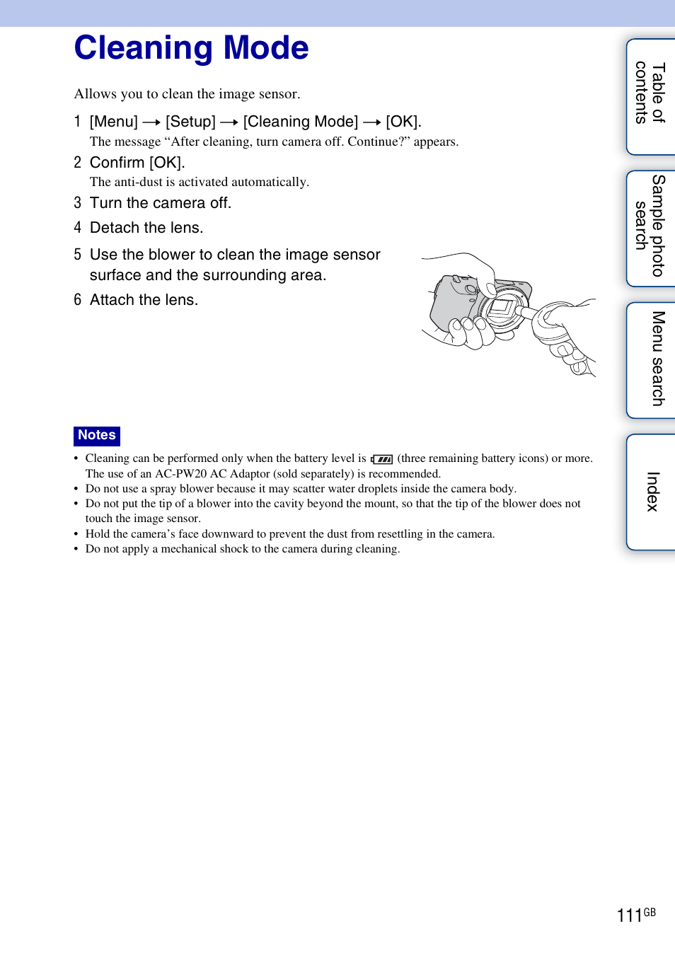Cleaning mode | Sony NEX-3 User Manual | Page 111 / 159