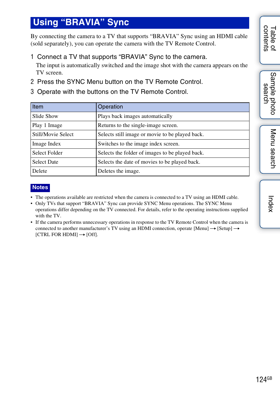 Using “bravia” sync | Sony NEX-3 User Manual | Page 124 / 159