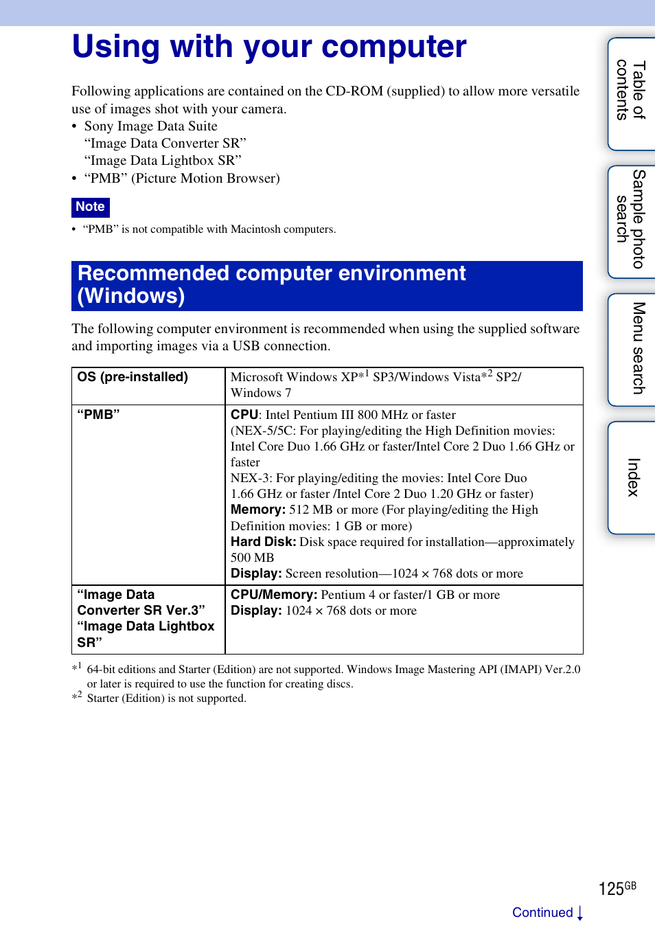 Using with your computer, Recommended computer environment (windows) | Sony NEX-3 User Manual | Page 125 / 159