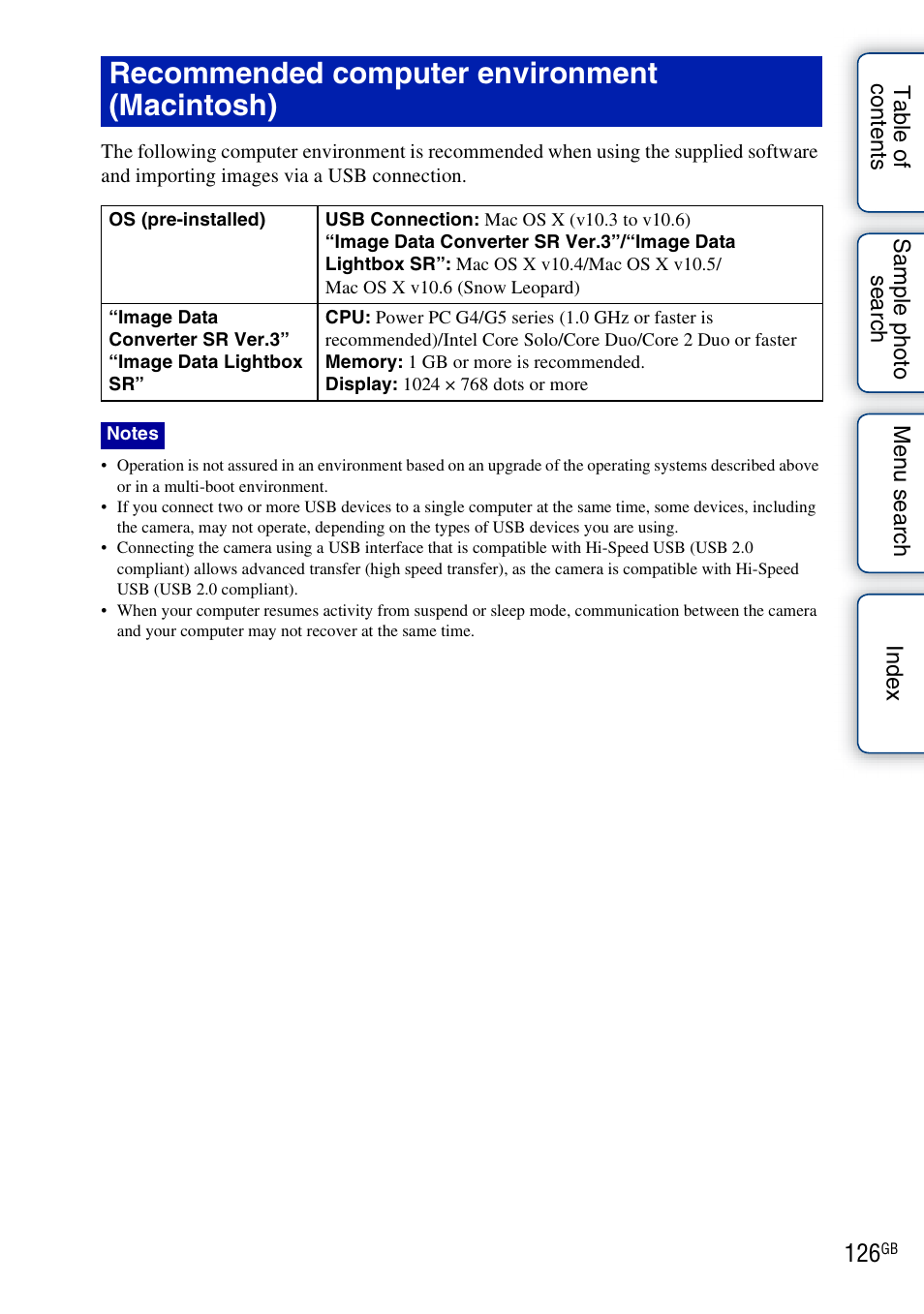 Recommended computer environment (macintosh) | Sony NEX-3 User Manual | Page 126 / 159