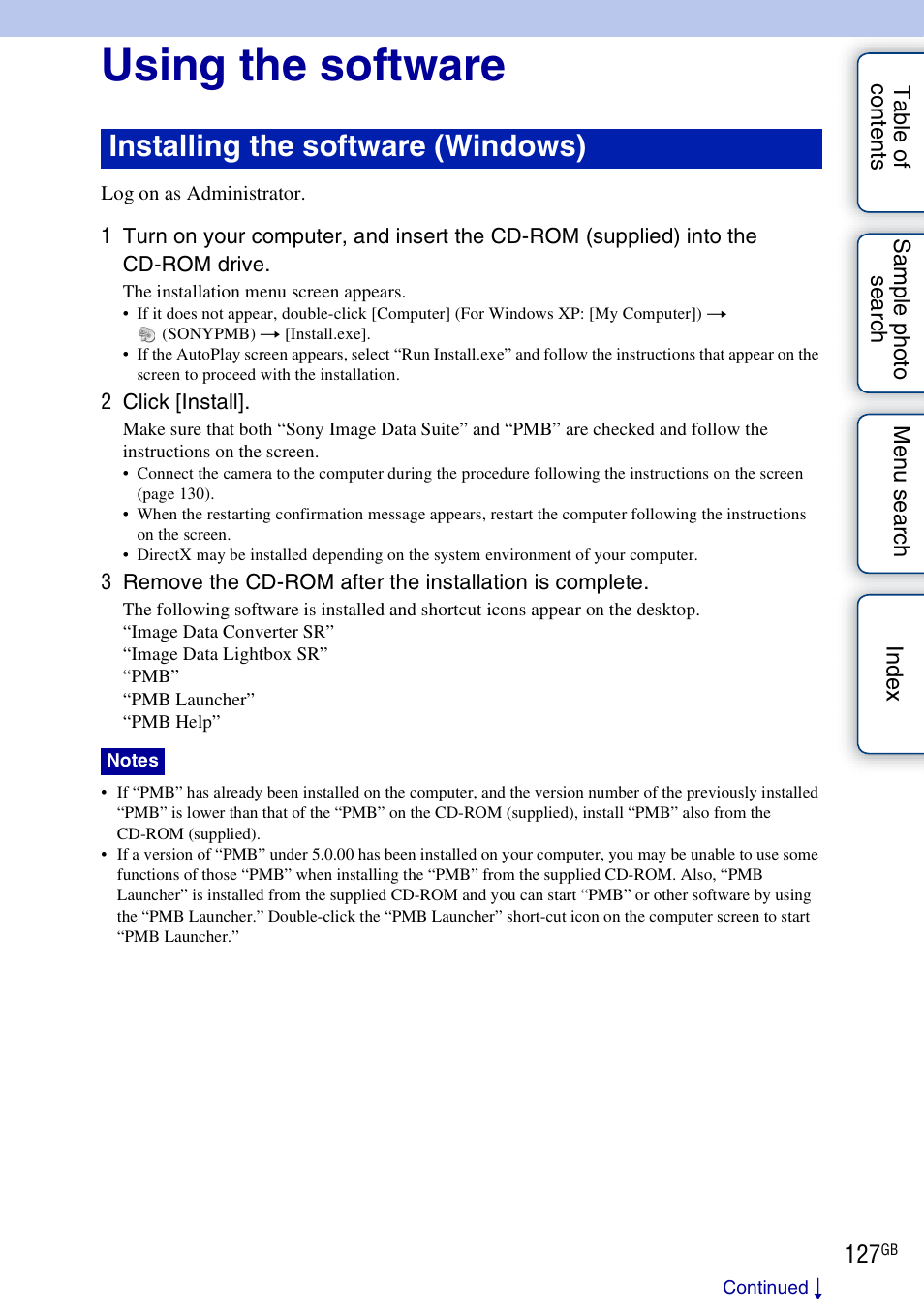 Using the software, Installing the software (windows) | Sony NEX-3 User Manual | Page 127 / 159