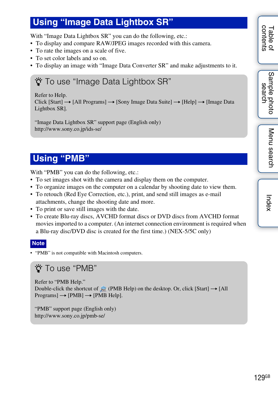 Using “image data lightbox sr” using “pmb | Sony NEX-3 User Manual | Page 129 / 159