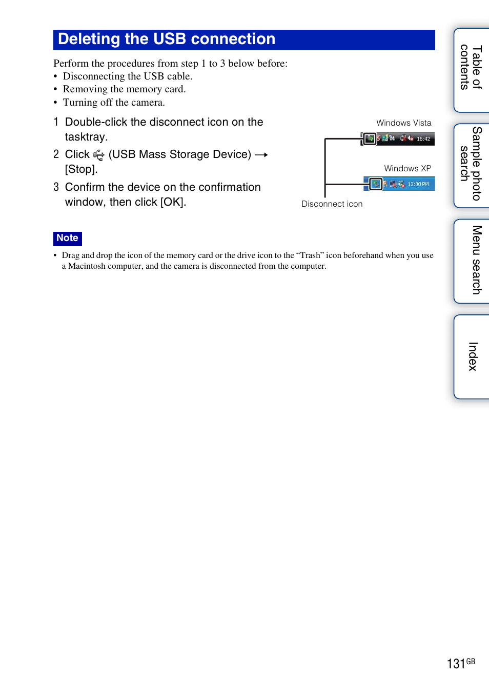 Deleting the usb connection | Sony NEX-3 User Manual | Page 131 / 159