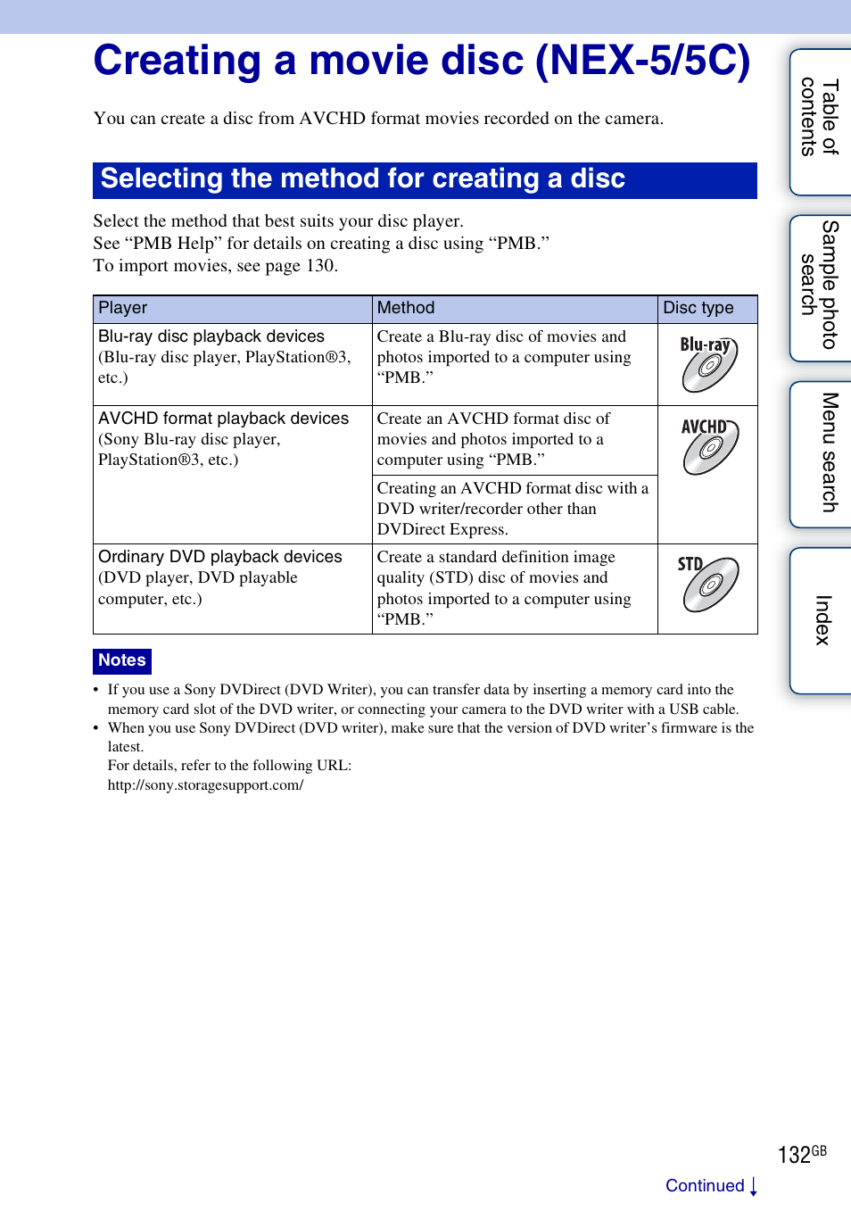 Creating a movie disc (nex-5/5c), Selecting the method for creating a disc | Sony NEX-3 User Manual | Page 132 / 159