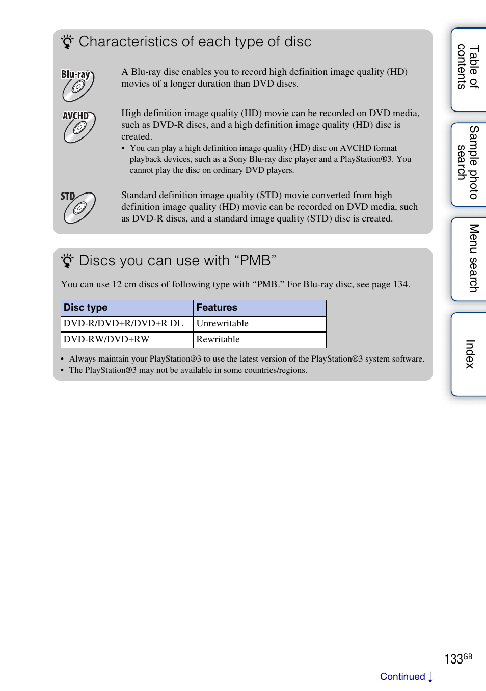 Characteristics of each type of disc, Discs you can use with “pmb | Sony NEX-3 User Manual | Page 133 / 159