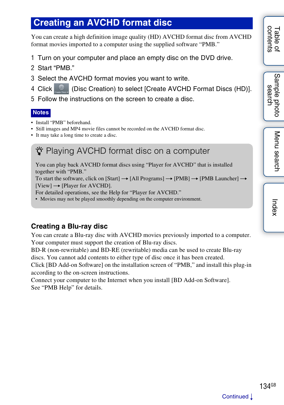 Creating an avchd format disc, Playing avchd format disc on a computer | Sony NEX-3 User Manual | Page 134 / 159