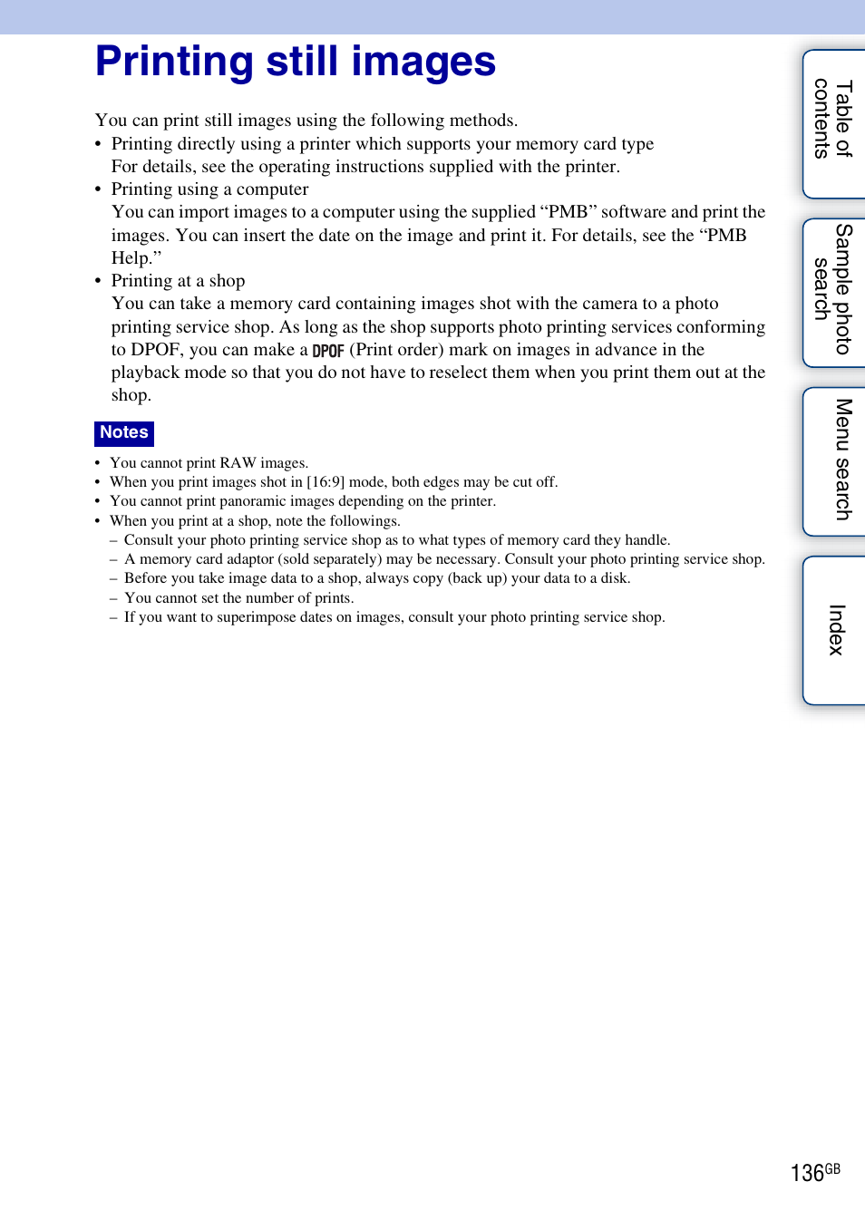 Printing still images | Sony NEX-3 User Manual | Page 136 / 159