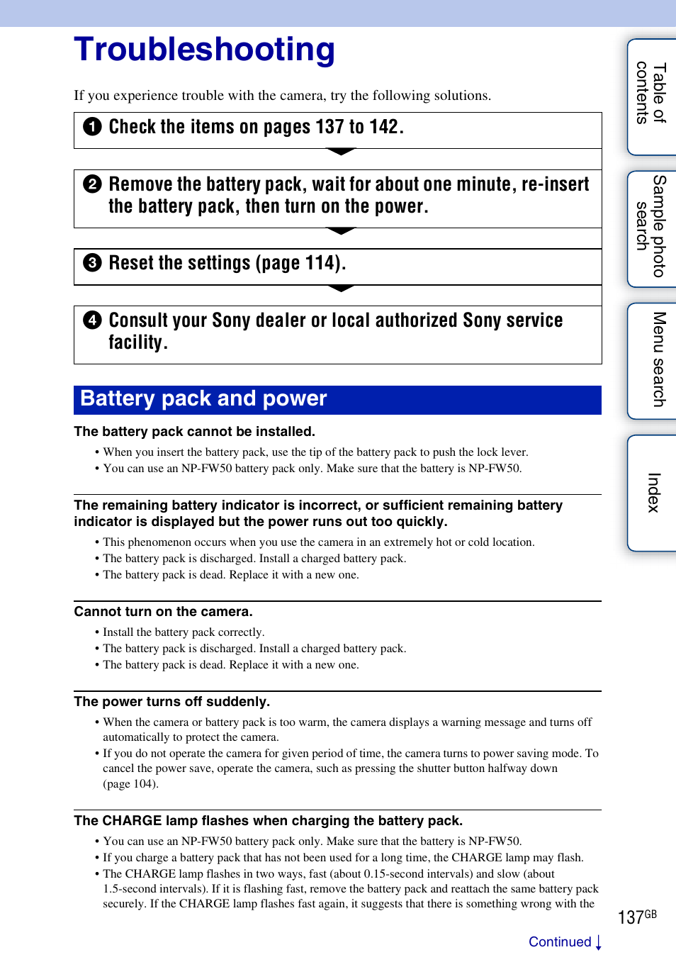 Troubleshooting, Battery pack and power | Sony NEX-3 User Manual | Page 137 / 159