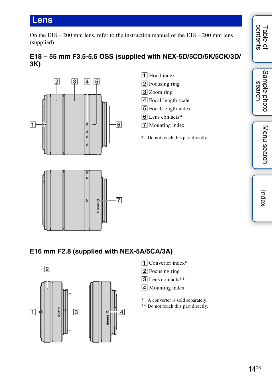 Lens | Sony NEX-3 User Manual | Page 14 / 159