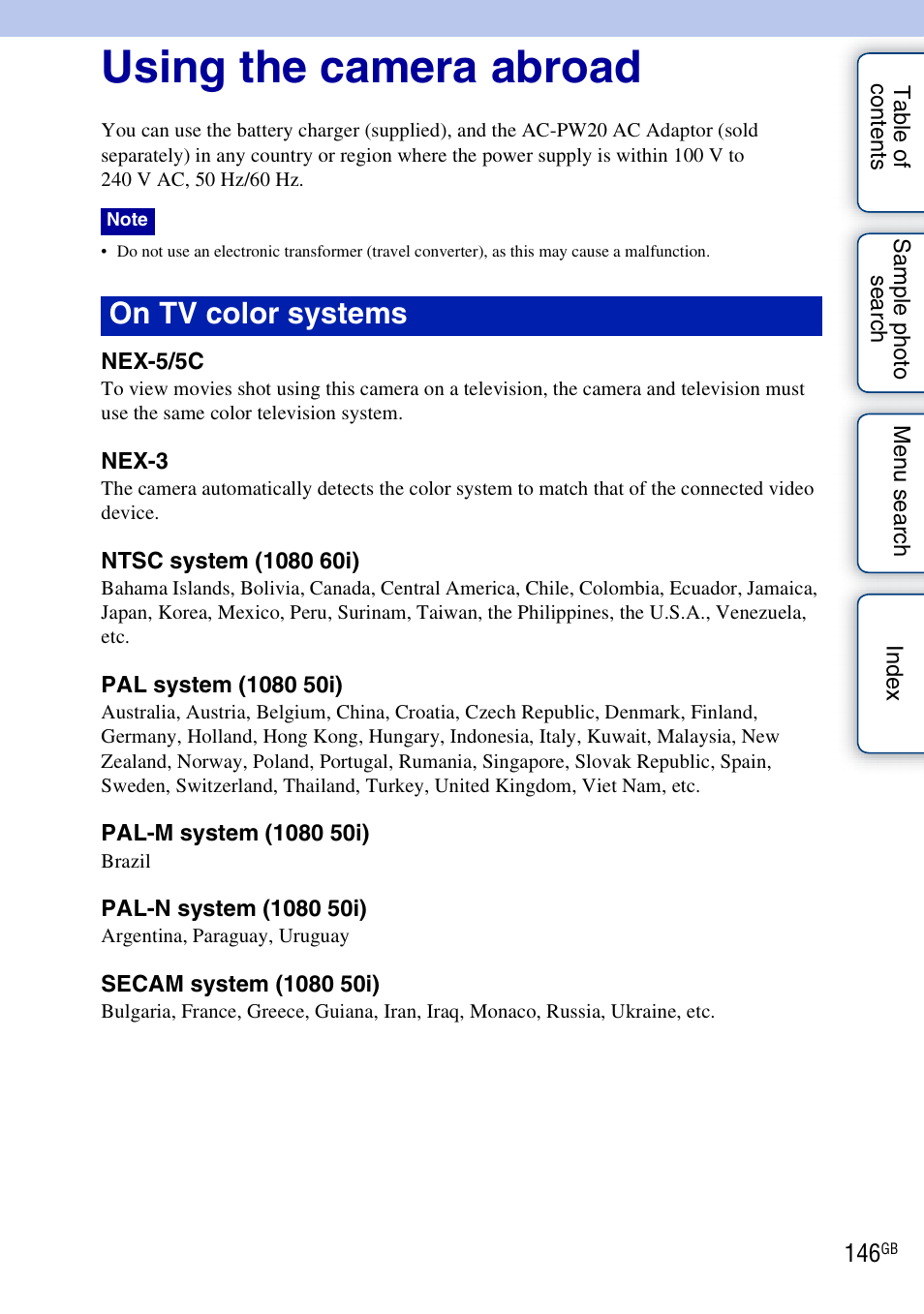 Using the camera abroad, Others, On tv color systems | Sony NEX-3 User Manual | Page 146 / 159