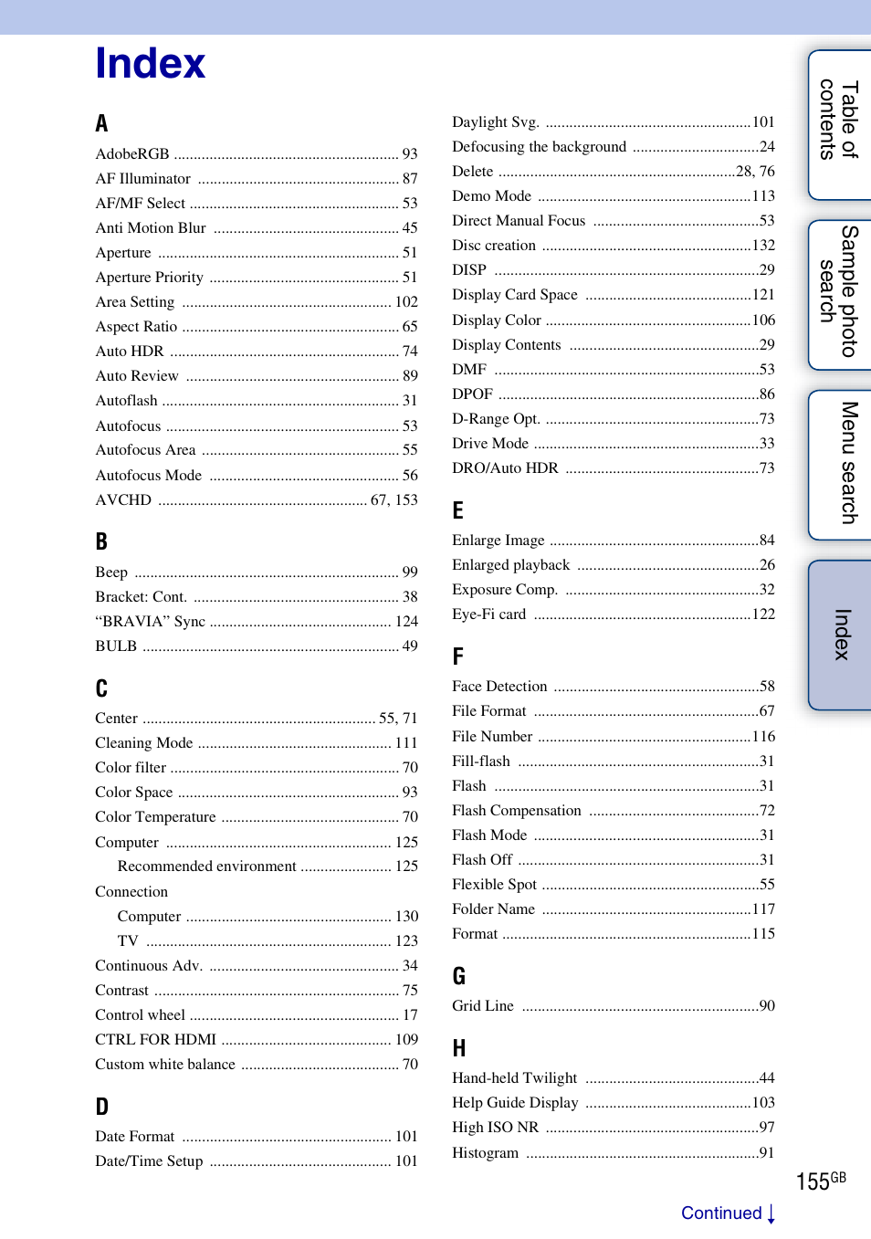 Index | Sony NEX-3 User Manual | Page 155 / 159