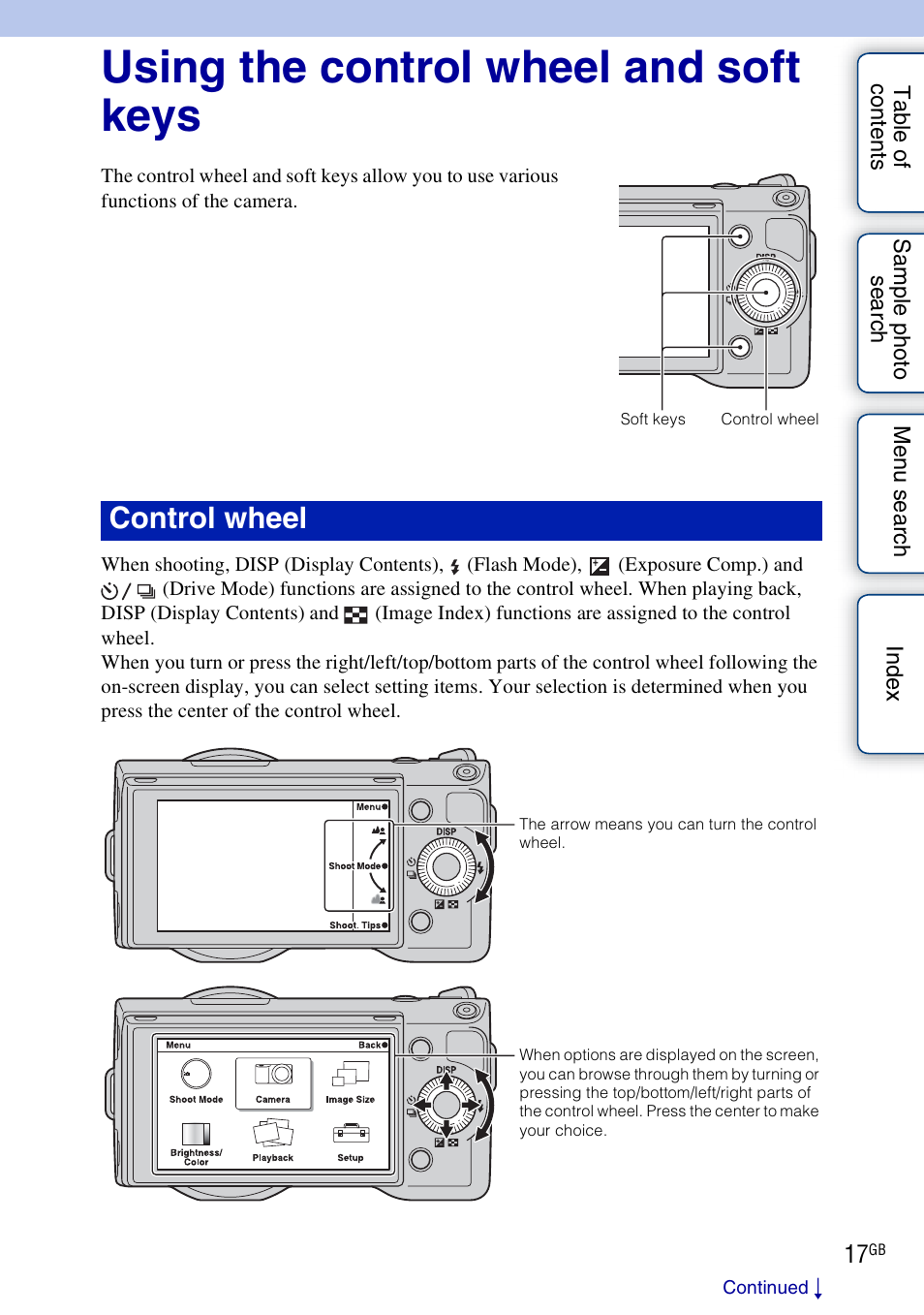 Using the control wheel and soft keys, Basic operations, Control wheel | Sony NEX-3 User Manual | Page 17 / 159