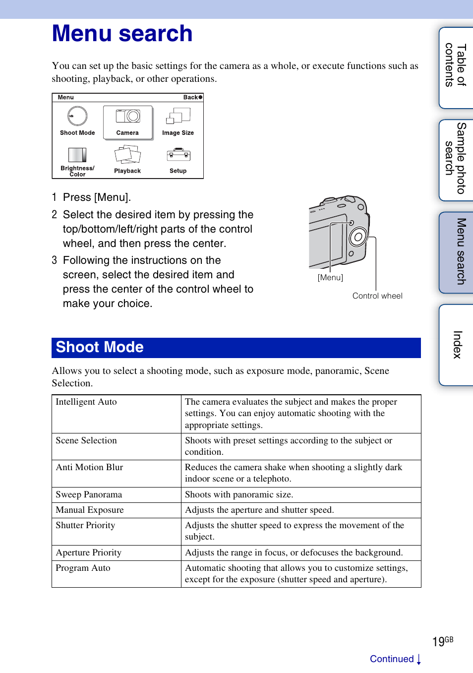 Menu search, Using functions in the menu, Shoot mode | Sony NEX-3 User Manual | Page 19 / 159