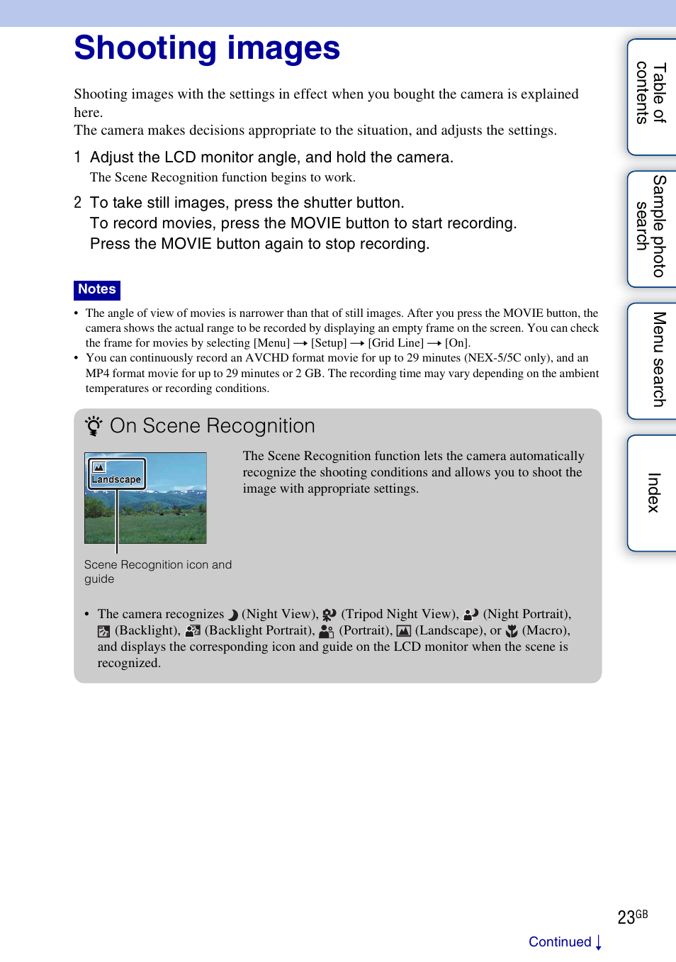 Shooting images, On scene recognition | Sony NEX-3 User Manual | Page 23 / 159