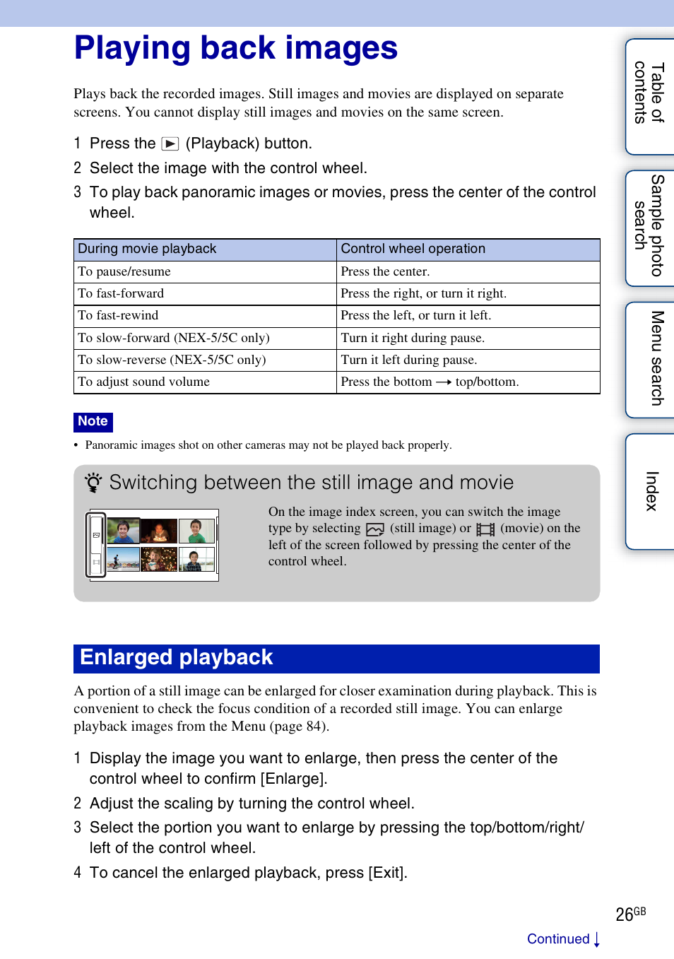 Playing back images, Enlarged playback, Switching between the still image and movie | Sony NEX-3 User Manual | Page 26 / 159