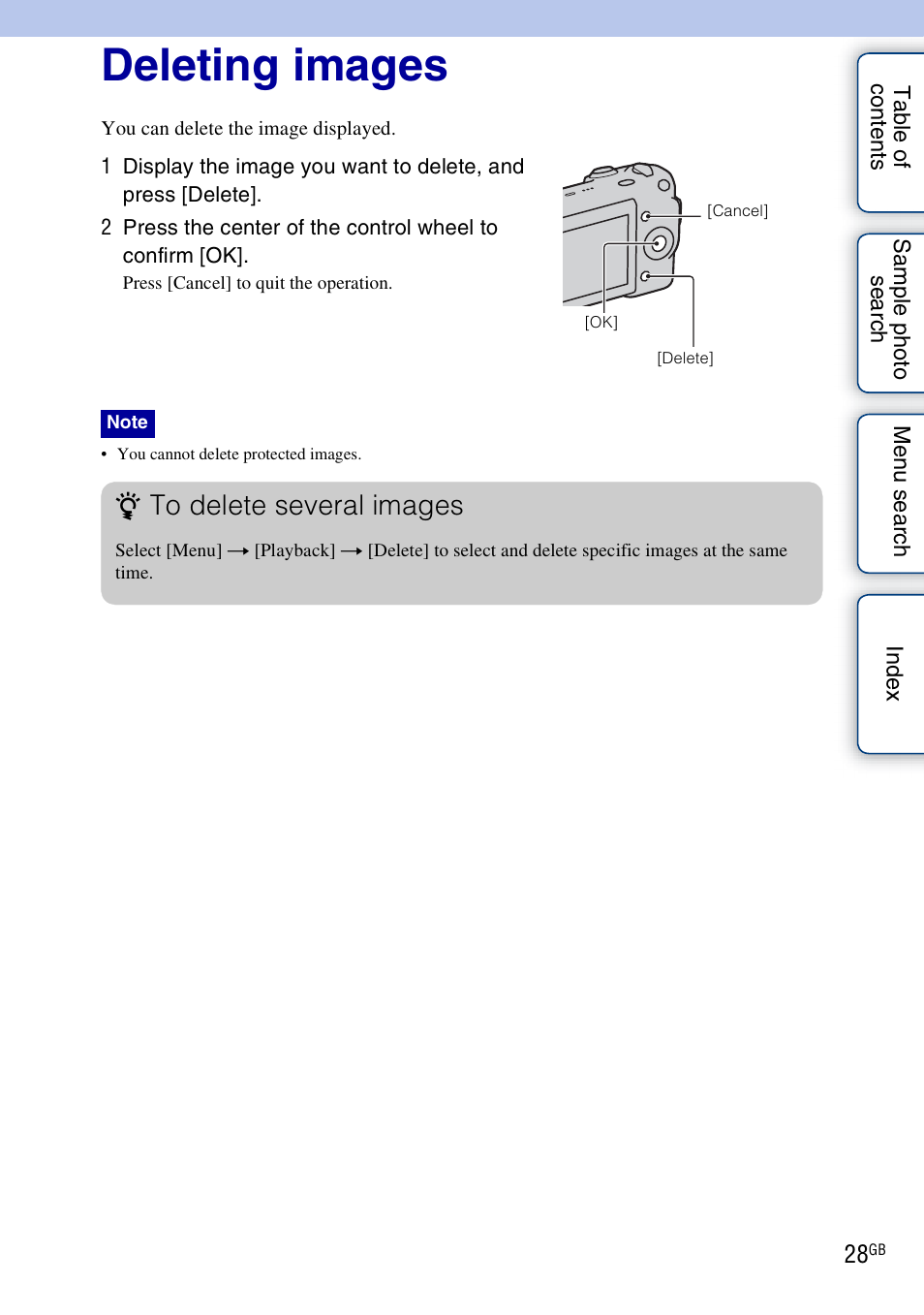 Deleting images | Sony NEX-3 User Manual | Page 28 / 159