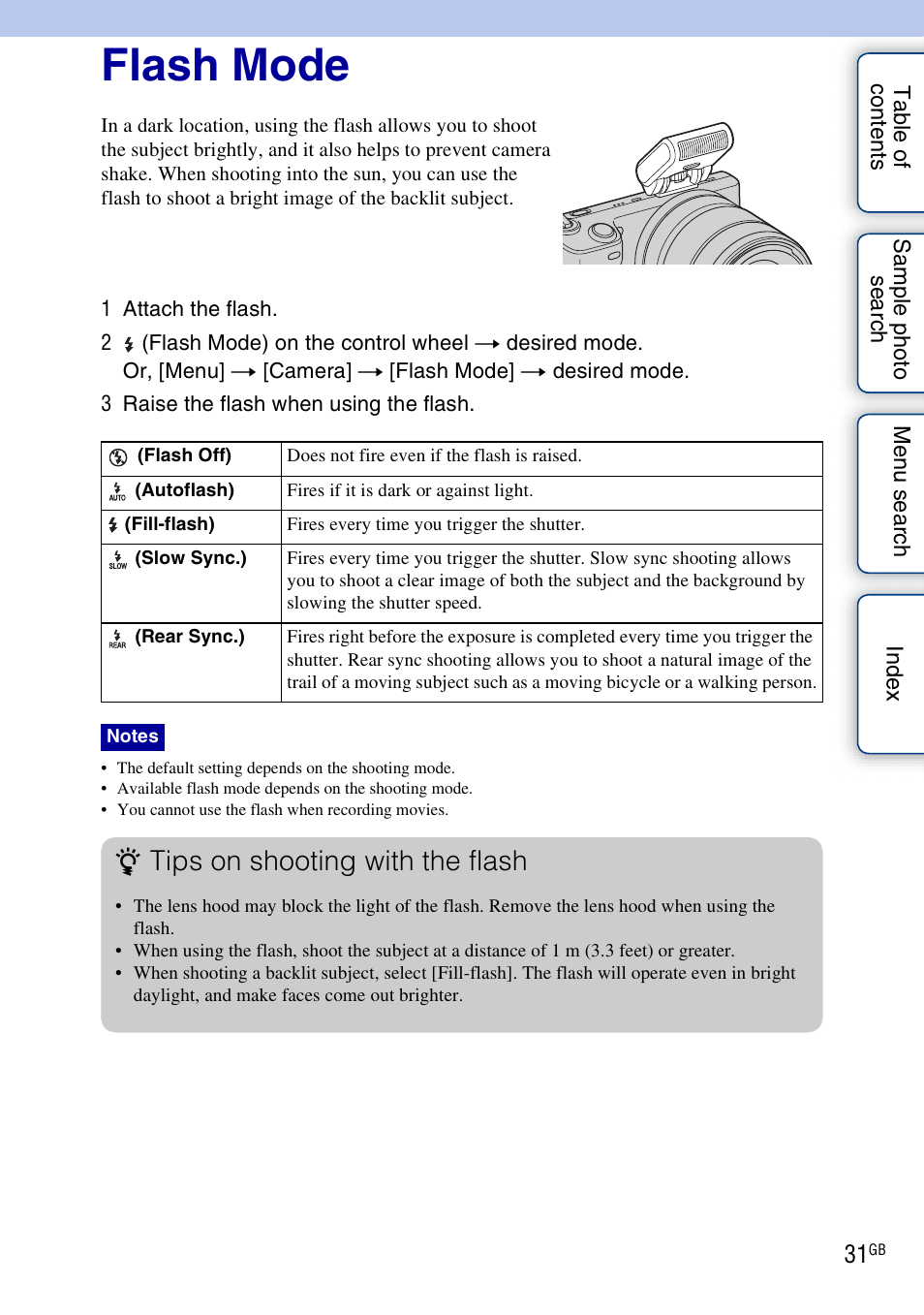 Flash mode, Nd (31, Tips on shooting with the flash | Sony NEX-3 User Manual | Page 31 / 159