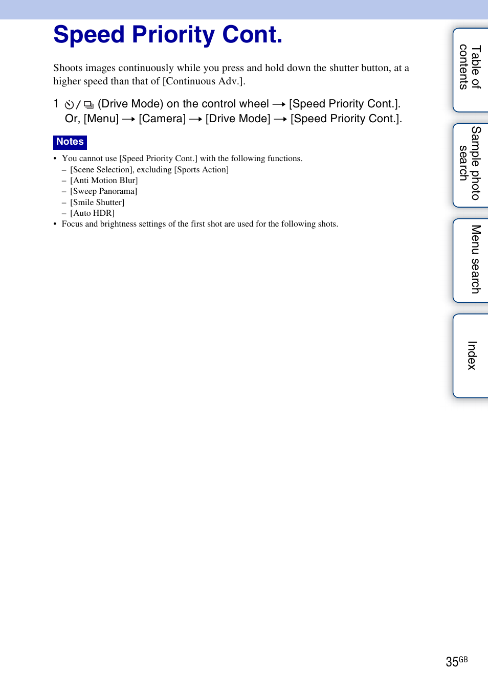 Speed priority cont | Sony NEX-3 User Manual | Page 35 / 159