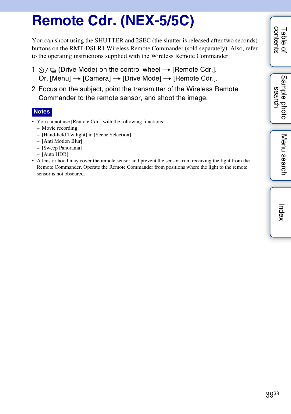 Remote cdr. (nex-5/5c) | Sony NEX-3 User Manual | Page 39 / 159