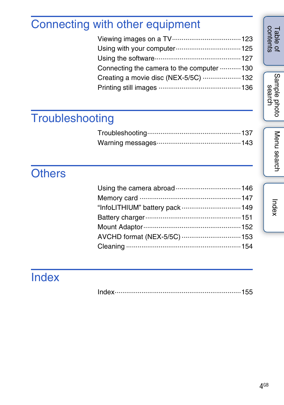 Connecting with other equipment, Troubleshooting, Others | Index | Sony NEX-3 User Manual | Page 4 / 159
